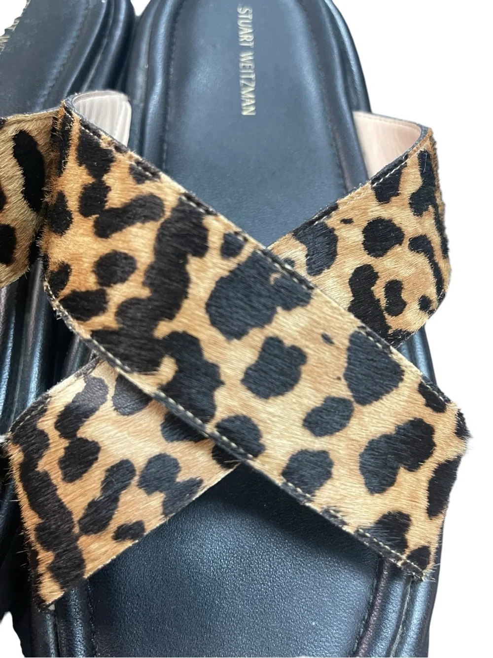 Stuart Weitzman Elodie Leopard Print Cross Lug Slide Sandals Black